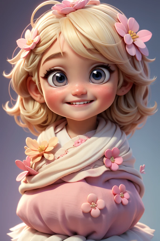 かわいい赤ちゃんちびの女の子のブロンドの髪, 頭の中の花, 白とピンクの背景, 幸せそうに微笑む, 青い目, 大きなまつげ, バラ色の頬
