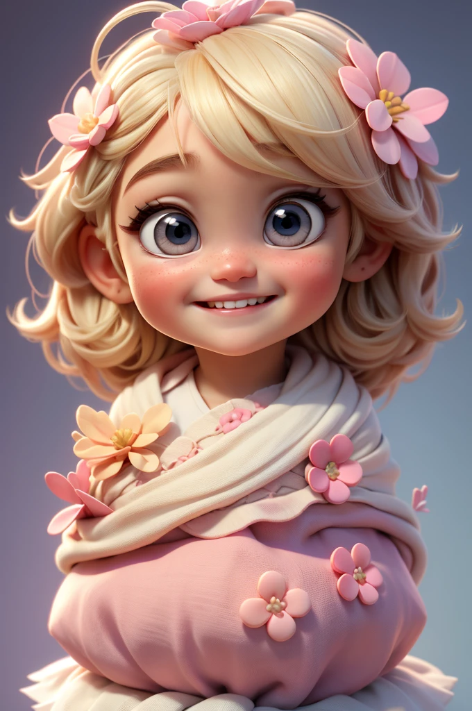 lindo bebé chibi niña cabello rubio, flor en la cabeza, fondo blanco y rosa, sonriendo feliz, blue eyes, pestañas grandes, mejillas sonrosadas
