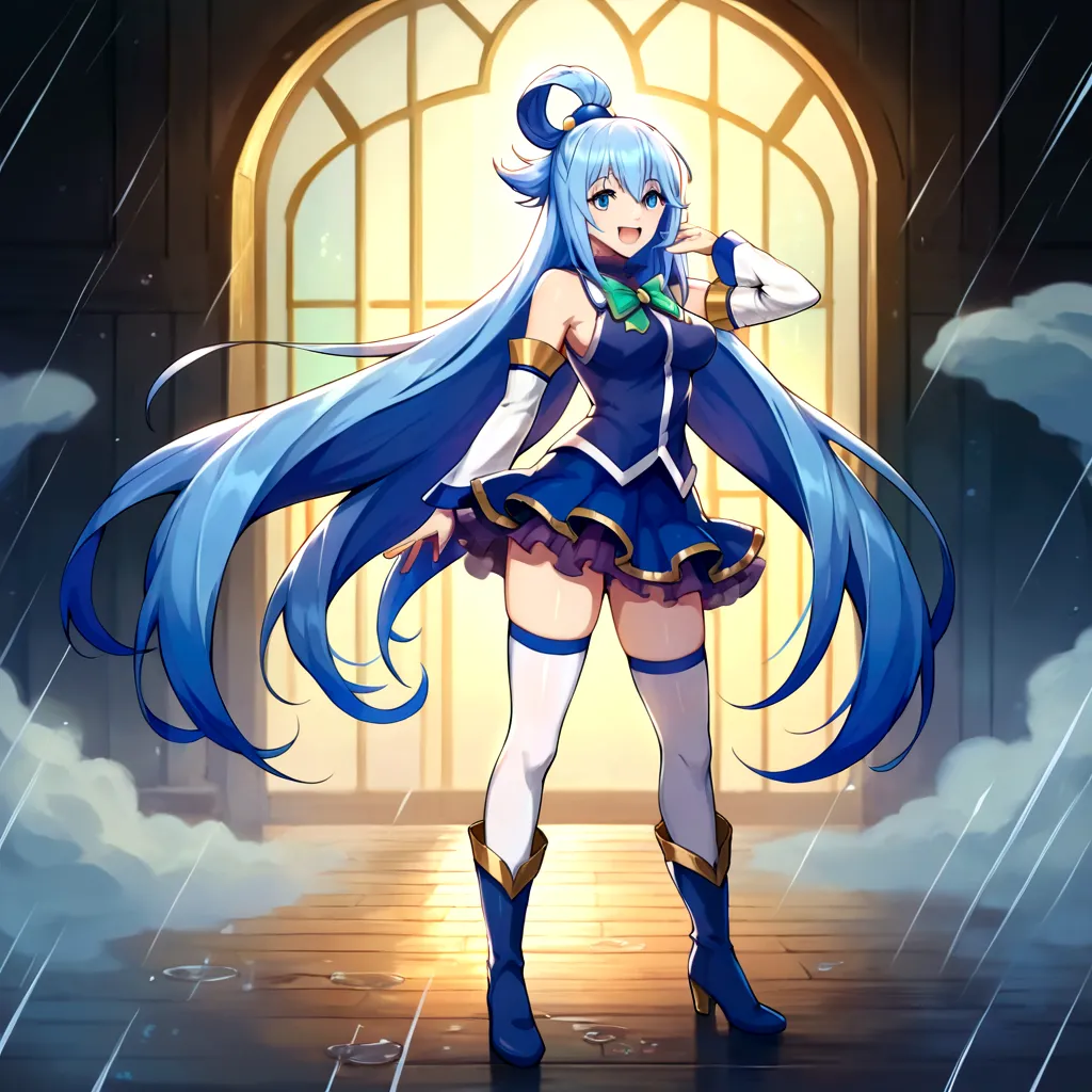 core_9, score_8_up, score_7_up, score_6_up, aqua,  1girl, dancing in the rain, detailed eyes, happy, full body shot, on the outs...