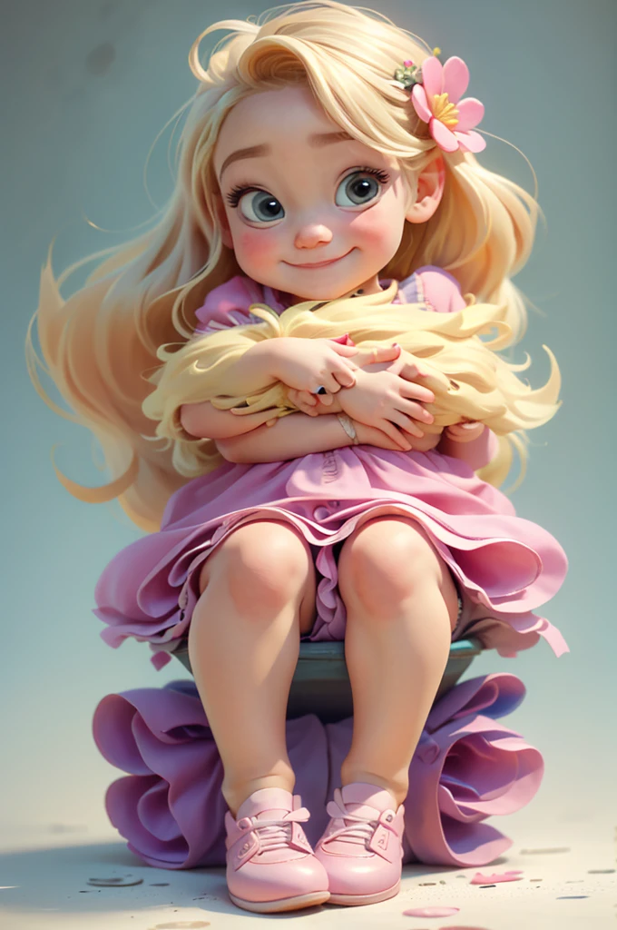 mignon bébé chibi fille cheveux blonds, fleur en tête, fond blanc et rose, souriant heureux, yeux bleus, gros cils, joues roses, chaussures bleues
