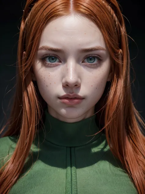 a red-haired girl with pale skin and freckles, long curly light orange hair, emerald green eyes with a sarcastic expression, mus...