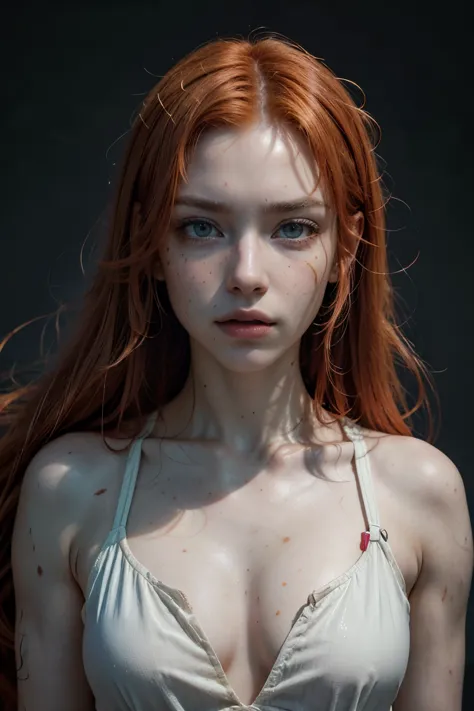 a red-haired girl with pale skin and freckles, long curly light orange hair, emerald green eyes with a sarcastic expression, mus...