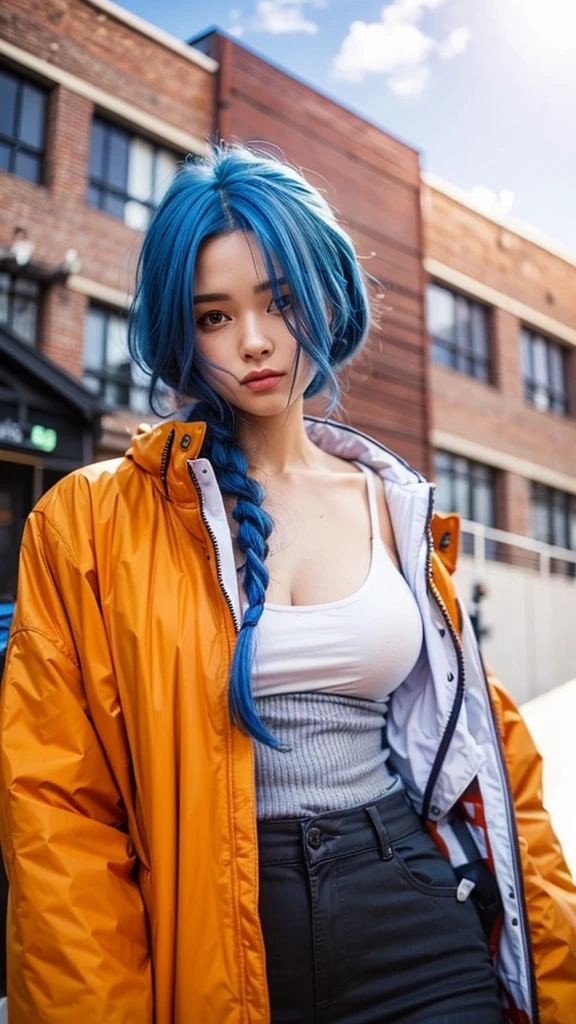 Une fille mignonne avec des cheveux bleus et une veste orange debout devant un bâtiment, Réaliste