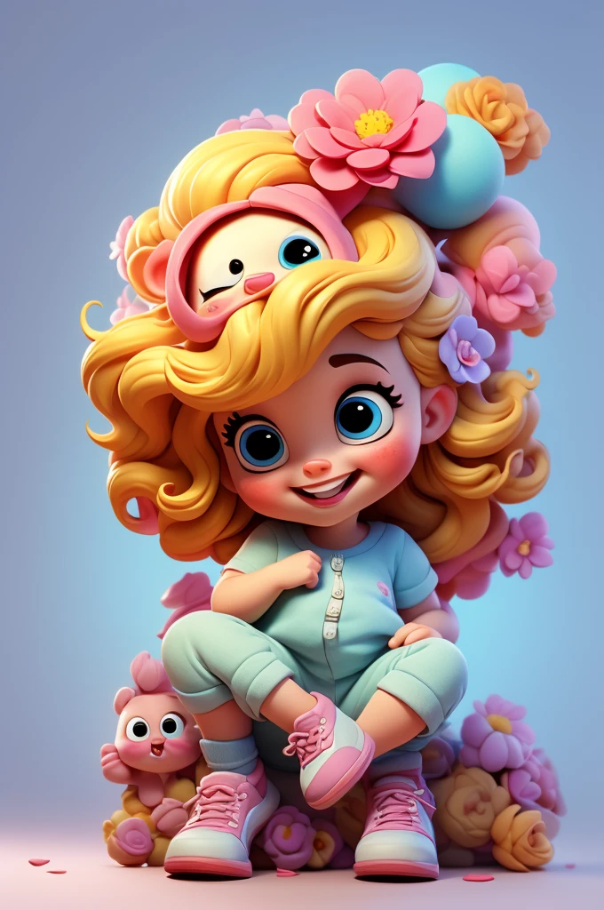 mignon bébé chibi fille cheveux blonds, fleur en tête, fond blanc et rose, souriant heureux, yeux bleus, gros cils, joues roses, chaussures bleues
