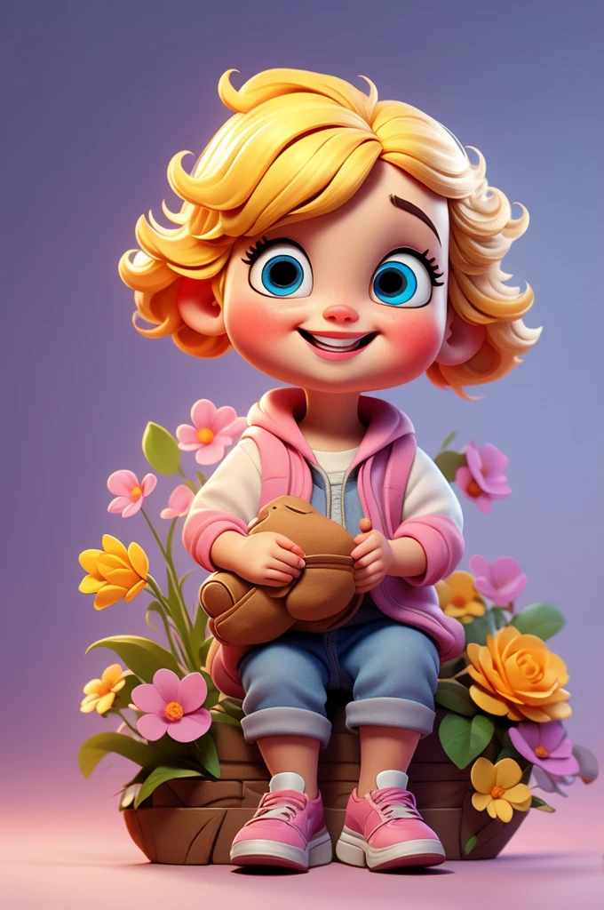 süßes Baby-Chibi-Mädchen mit blonden Haaren, Blume im Kopf, weißer und rosa Hintergrund, lächelnd glücklich, blaue Augen, große e-Wimpern, ROSIGE WANGEN, blaue Schuhe
