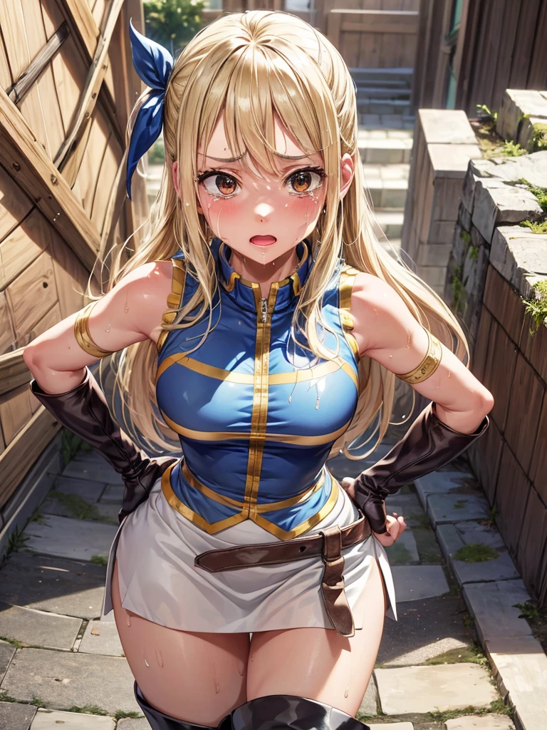 (masterpiece, best quality:1.2), solo, 1girl, lucy heartfilia,  Face full of scars、Skin shiny with sweat、 injured scared girl、 crying wet bursting out eyes, real tears streaming down face, ultra-detailed eyes,bandaid on face,covered with mud,expression of despair,Illumination that emphasizes shiny sweat{{{Spread }}},(crotch rope walking:1.0), looking ta viewer, hands on hips, blue sleeveless, miniskirt, thigh boots