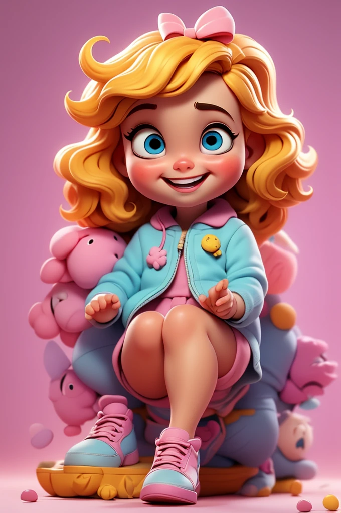 mignon bébé chibi fille cheveux blonds, incliner la tête, fond blanc et rose, souriant heureux, yeux bleus, gros cils, joues roses, chaussures bleues
