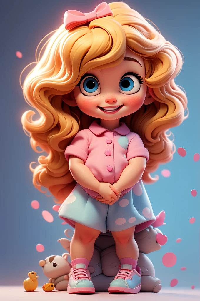 mignon bébé chibi fille cheveux blonds, incliner la tête, fond blanc et rose, souriant heureux, yeux bleus, gros cils, joues roses, chaussures bleues
