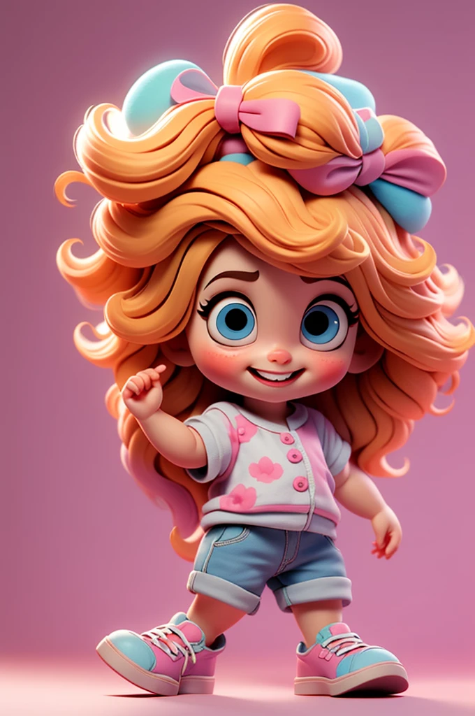 mignon bébé chibi fille cheveux blonds, incliner la tête, fond blanc et rose, souriant heureux, yeux bleus, gros cils, joues roses, chaussures bleues
