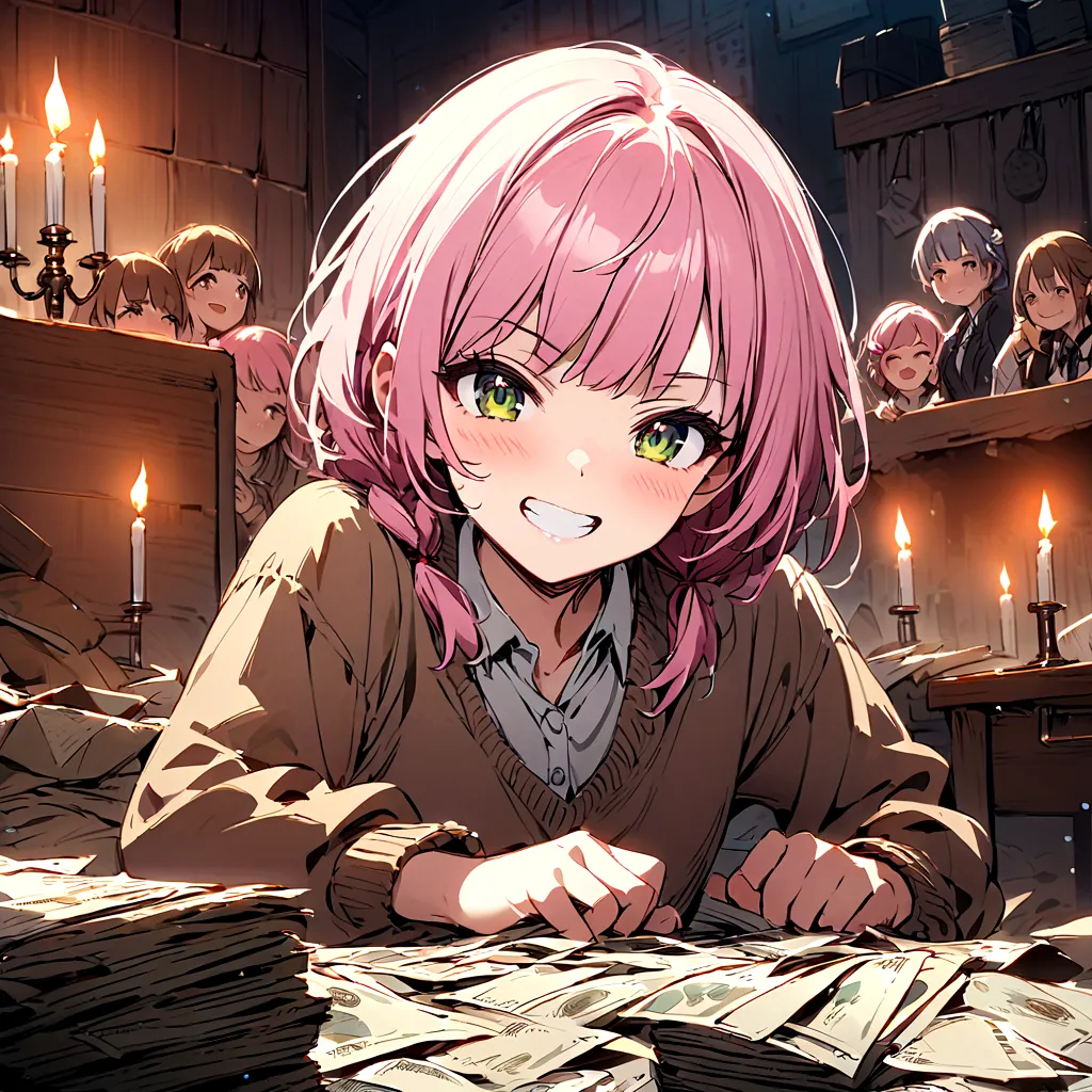 There is a pile of bills on the desk、Around the desk３People Women、Dirty hideout、Candlelight、Dirty、Grin、Pink Hair、Drill Twin