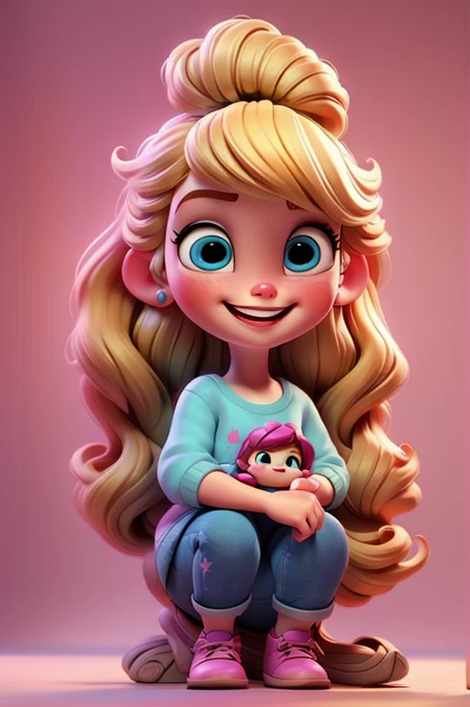 fofa bebê chibi menina de cabelo loiro, cabeça baixa, fundo branco e rosa, sorrindo feliz, olhos azuis, cílios grandes, bochechas rosadas, sapatos azuis
