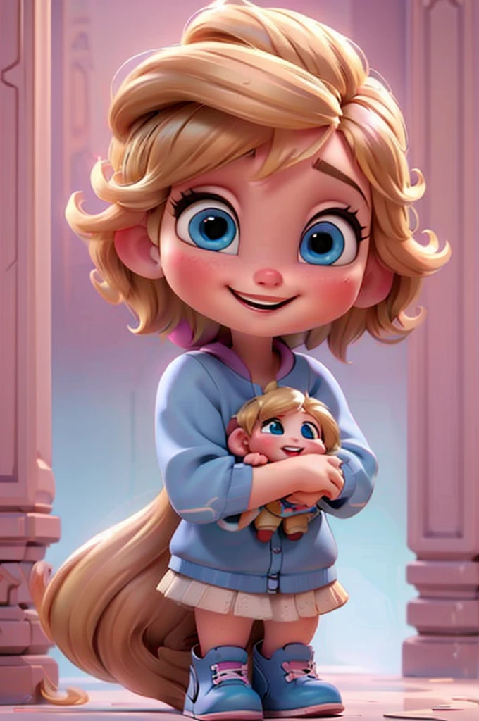 mignon bébé chibi fille cheveux blonds, incliner la tête, fond blanc et rose, souriant heureux, yeux bleus, gros cils, joues roses, chaussures bleues
