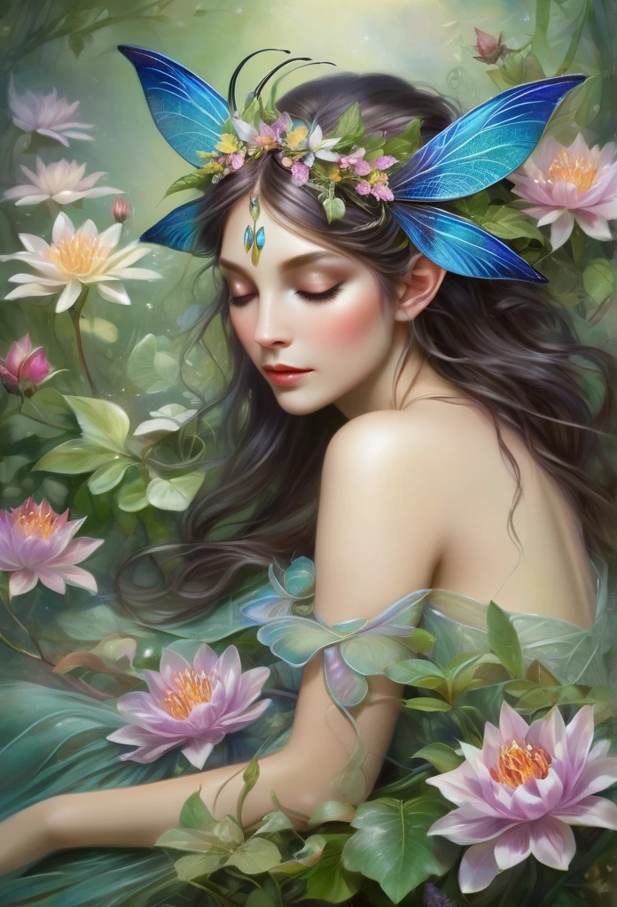 faerie,(full body),elf ears,dragonfly wings, sensually laying down sleeping on flowers,hair decorated with flowers, Branches and Leaves,around a scene of magic,with flowers,a bit of mist(high qualiy),(refined details),(work of art)(monet style)