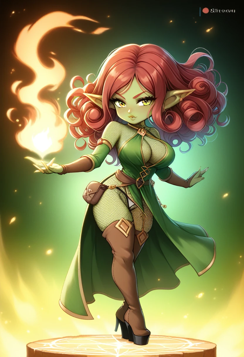 Girl, goblin girl, goblin, green skin, short, short stature,long hair, red hair, curly hair, large breasts, long gloves, thigh boots, pouty lips, masterpiece, best quality, sexy, dynamic pose, 8k, shortstack, sfw, shiny, fantasy, dungeons and dragons, high heels,  fishnets, holding, dark green skin, adventurer, sexy pose, sorcerer, sorceress, pyromancer, fire, magic, long sexy colorful dress, thigh pouch, very curly hair, lots of belts,