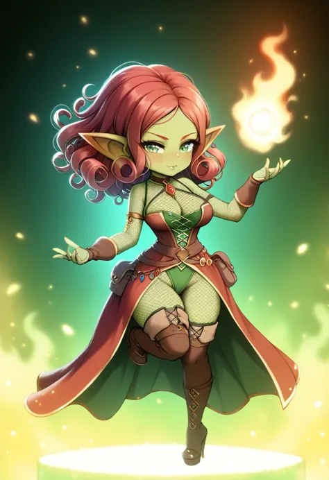 girl, goblin girl, goblin, green skin, short, short stature,long hair, red hair, curly hair, large breasts, long gloves, thigh b...