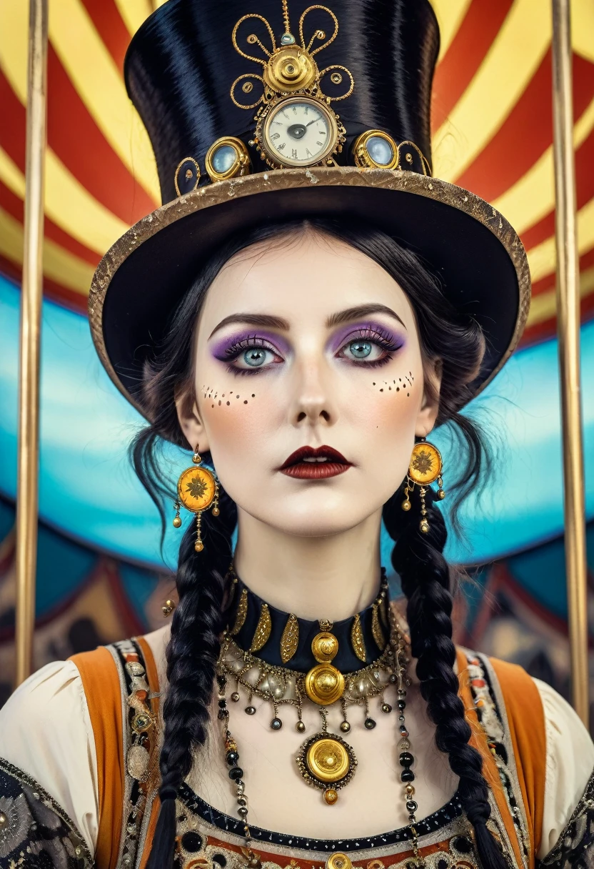 A beautiful bearded lady in a travelling circus, freak show gypsies, steampunk style, solid black eyes, detailed facial hair, 1 woman, piercings, ring leader, Kay Nielsen style, style inspired by Klimt, Van Goh, (best quality,4k,8k,highres,masterpiece:1.2),ultra-detailed,dramatic lighting,cinematic,intricate details, high contrast