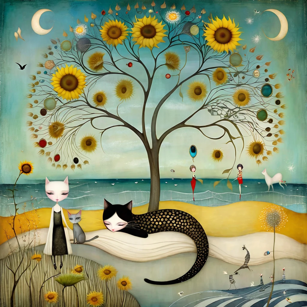 style inspired by Klimt, Nicoletta Ceccoli, Catrin Welz-Stein, Didier Lourenço, and Leonora Carrington. In the seascape of a beach, with dunes, grass, a large tree with many large branches moving in every direction. On the branches are cats, with long necks and tails and many colors, sleeping. sunflower and dandelion flowers