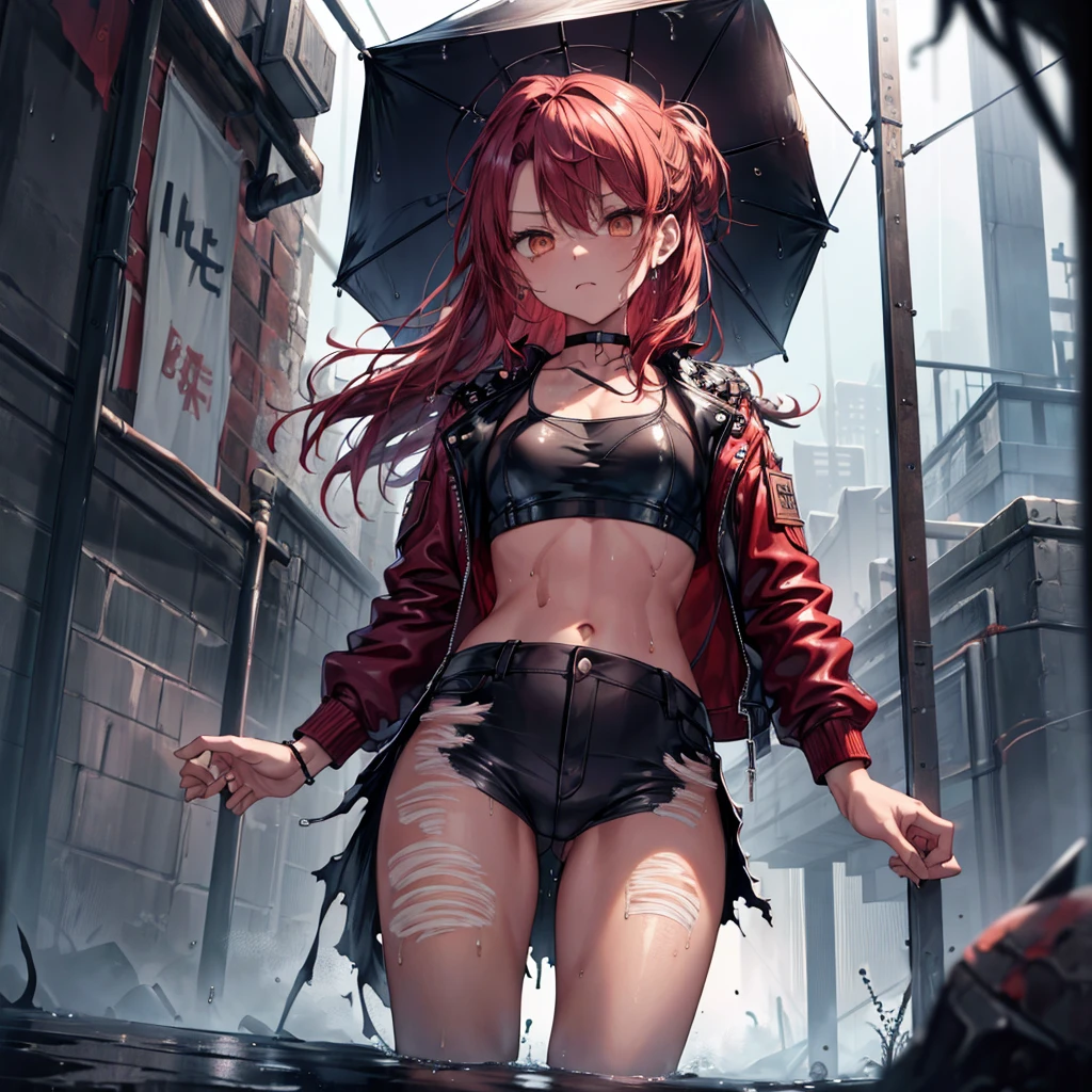 ((Highest quality)), ((masterpiece)), ((detailed)), (4K),1, , solo, crop top, darkred hair, leather jacket, torn jeans, choker, bracelet, (rain), ((Wet)), see through, (expressionless), scowl, (from below), (looking down), looking at viewer, (open legs), wasteland, town