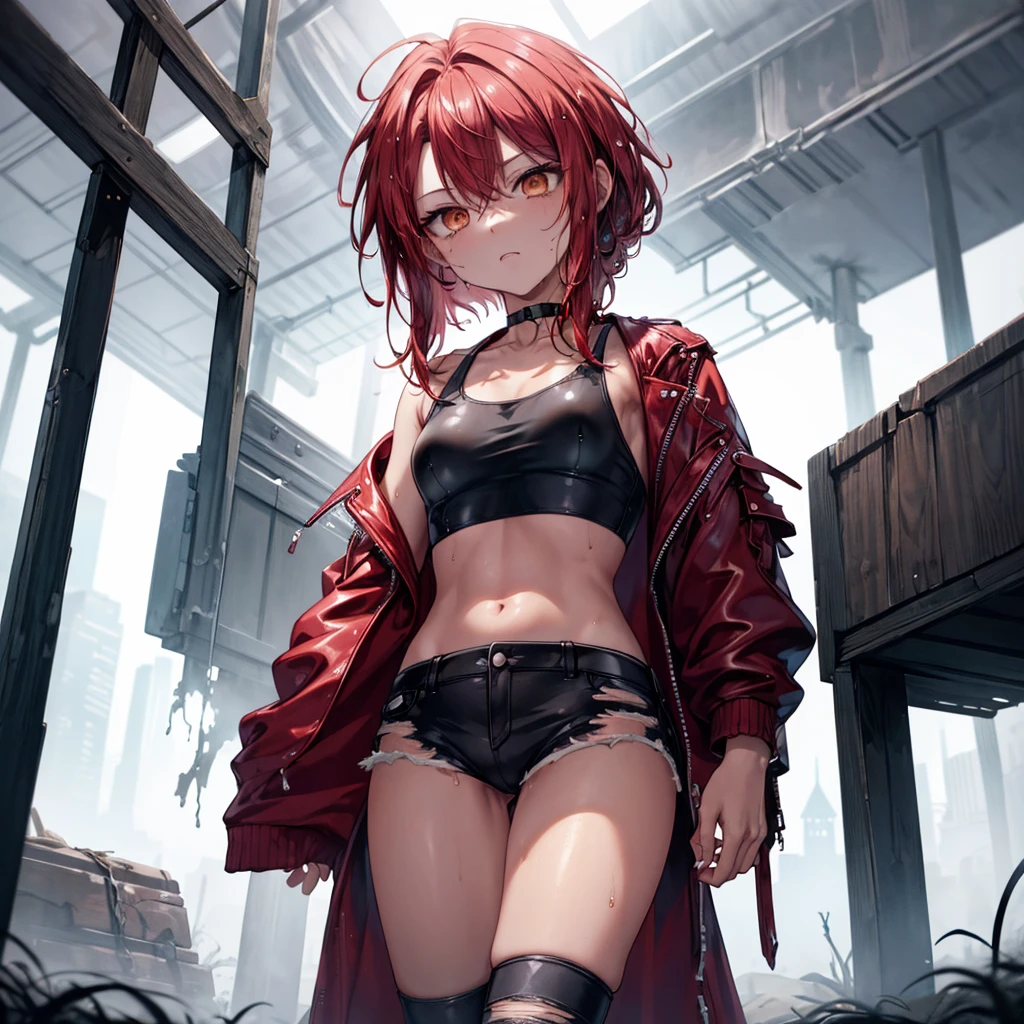 ((Highest quality)), ((masterpiece)), ((detailed)), (4K),1, , 独奏, crop top, darkred hair, leather jacket, torn jeans, choker, bracelet, (rain), ((wet)), see through, (expressionless), scowl, (from below), (looking down), looking at viewer, (open legs), wasteland, town