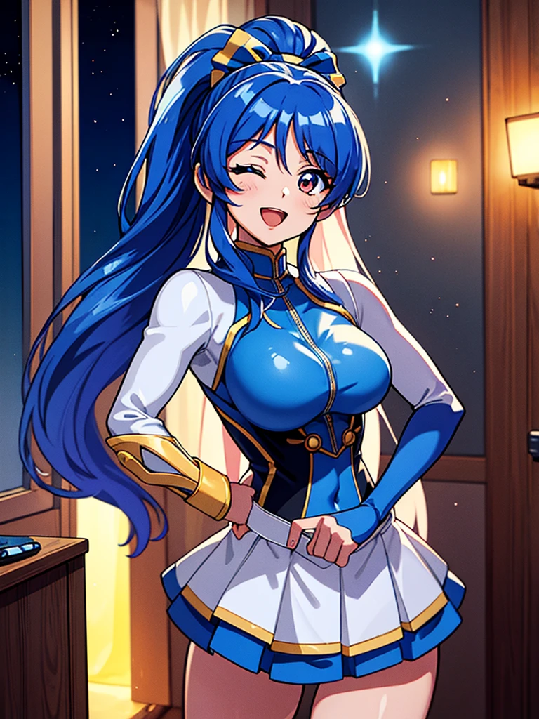 aikatsu,（Overhead view),dynamic angle,ultra-detailed, illustration, close-up, straight on, 1girl, ((blue souryuu asuka langley, interface headset, blue bodysuit:1.4, blue)),Her eyes shone like dreamy stars,(glowing eyes:1.233),(beautiful and detailed eyes:1.1),(expressionless),(standing), (masterpiece, best quality, ultra high res, perfect anatomy, extremely detailed), BREAK, 1girl, 14 years old, red eyes, side_Ponytail, blue hair, very large ribbon in hair, idol costume, BREAK, (finger pointing), (full face), one eye closed, (open mouth), glow eyes, smile, stage light, (mechanic room with toolsand spaceship windowin a white SPACESHIP), (night:1.2),dreamy, [[delicate fingers and hands:0.55]::0.85],(detail fingers),