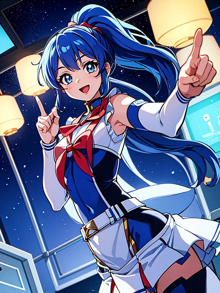 aikatsu,（Overhead view),dynamic angle,ultra-detailed, illustration, close-up, straight on, 1girl, ((blue souryuu asuka langley, interface headset, blue bodysuit:1.4, blue)),Her eyes shone like dreamy stars,(glowing eyes:1.233),(beautiful and detailed eyes:1.1),(expressionless),(standing), (masterpiece, best quality, ultra high res, perfect anatomy, extremely detailed), BREAK, 1girl, 14 years old, red eyes, side_Ponytail, blue hair, very large ribbon in hair, idol costume, BREAK, (finger pointing), (full face), one eye closed, (open mouth), glow eyes, smile, stage light, (mechanic room with toolsand spaceship windowin a white SPACESHIP), (night:1.2),dreamy, [[delicate fingers and hands:0.55]::0.85],(detail fingers),