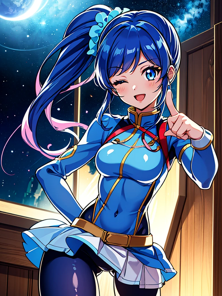 aikatsu,（Overhead view),dynamic angle,ultra-detailed, illustration, close-up, straight on, 1girl, ((blue souryuu asuka langley, interface headset, blue bodysuit:1.4, blue)),Her eyes shone like dreamy stars,(glowing eyes:1.233),(beautiful and detailed eyes:1.1),(expressionless),(standing), (masterpiece, best quality, ultra high res, perfect anatomy, extremely detailed), BREAK, 1girl, 14 years old, red eyes, side_Ponytail, blue hair, very large ribbon in hair, idol costume, BREAK, (finger pointing), (full face), one eye closed, (open mouth), glow eyes, smile, stage light, (mechanic room with toolsand spaceship windowin a white SPACESHIP), (night:1.2),dreamy, [[delicate fingers and hands:0.55]::0.85],(detail fingers),