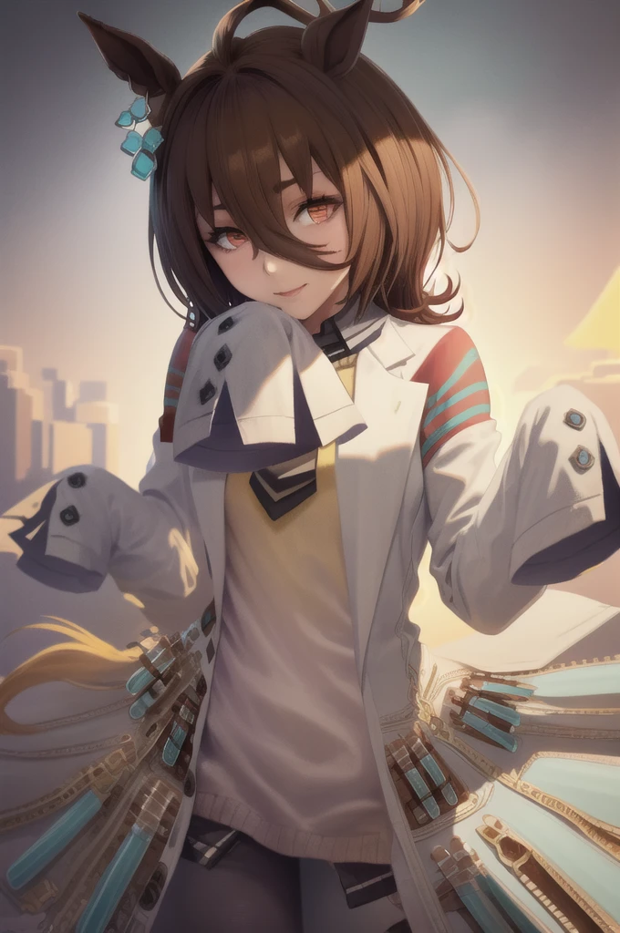 (work of art, best qualityer:1.2), standing alone, 1 girl, Agnes Tachyon, ssmile, gazing at viewer, Horse Ears, lab coat, sleeves past the wrists, sleeves past the fingers, sweater, necktie, pantyhose, single earring, Tailpussy 