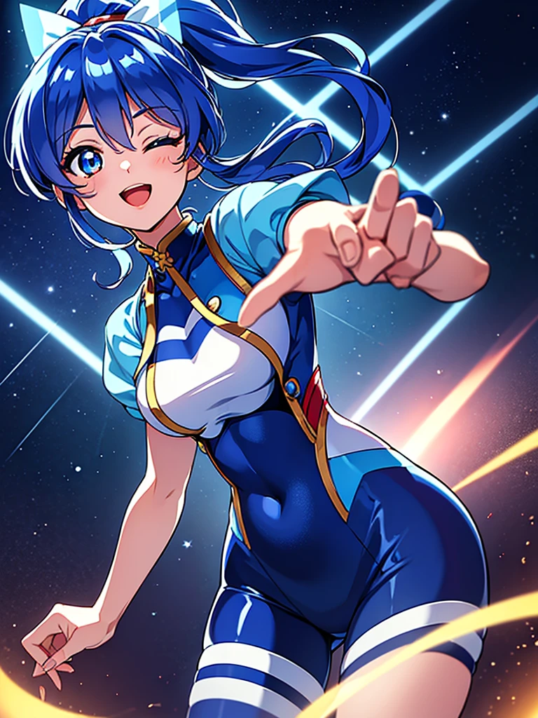 aikatsu,（Overhead view),dynamic angle,ultra-detailed, illustration, close-up, straight on, 1girl, ((blue souryuu asuka langley, interface headset, blue bodysuit:1.4, blue)),Her eyes shone like dreamy stars,(glowing eyes:1.233),(beautiful and detailed eyes:1.1),(expressionless),(standing), (masterpiece, best quality, ultra high res, perfect anatomy, extremely detailed), BREAK, 1girl, 14 years old, red eyes, side_Ponytail, blue hair, very large ribbon in hair, idol costume, BREAK, (finger pointing), (full face), one eye closed, (open mouth), glow eyes, smile, stage light, (mechanic room with toolsand spaceship windowin a white SPACESHIP), (night:1.2),dreamy, [[delicate fingers and hands:0.55]::0.85],(detail fingers),