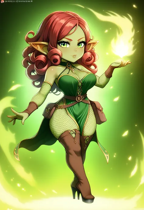 girl, goblin girl, goblin, green skin, short, short stature,long hair, red hair, curly hair, large breasts, long gloves, thigh b...