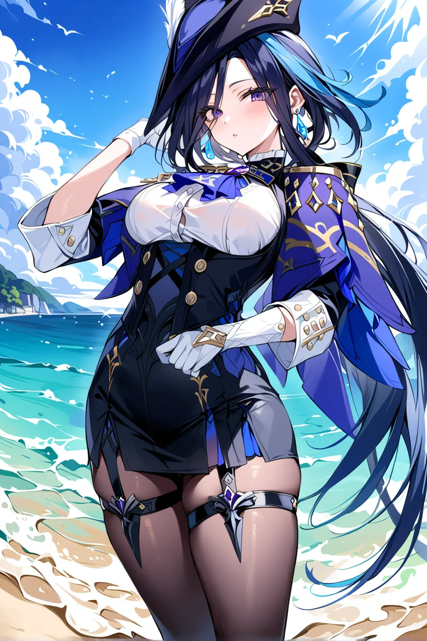 anime girl in a black dress and hat standing on a beach