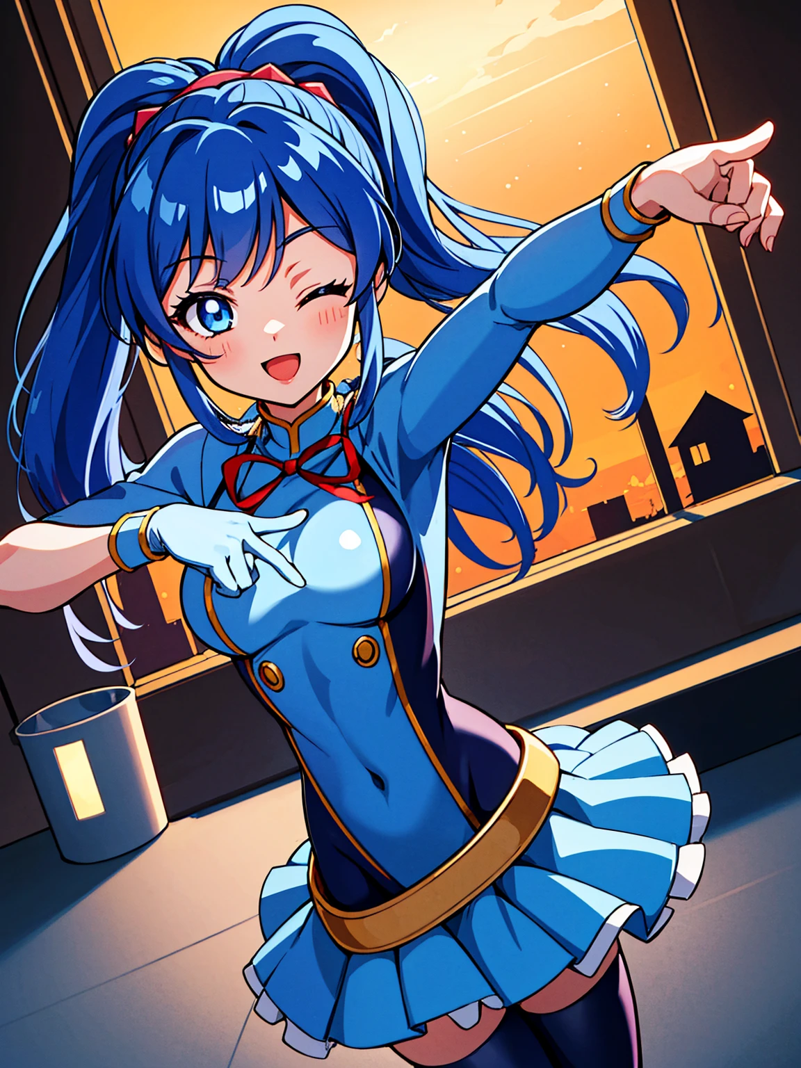 Aikatsu,（Vista aérea),ángulo dinámico,ultra detallado, ilustración, De cerca, directo, 1 chica, ((azul souryuu asuka langley, auriculares de interfaz, mono azul:1.4, blue)),Her eyes shone like soñador stars,(ojos brillantes:1.233),(Ojos hermosos y detallados.:1.1),(inexpresivo),(de pie), (obra maestra, mejor calidad, resolución ultraalta, anatomía perfecta, extremadamente detallado), BREAK, 1 chica, , ojos rojos, side_cola de caballo, pelo azul, cinta muy grande en el pelo, disfraz de ídolo, BREAK, (señalar con el dedo), (cara completa), un ojo cerrado, (boca abierta), ojos brillantes, sonrisa, luz de escenario, (Sala de mecánica con herramientas y ventana de nave espacial en una NAVE ESPACIAL blanca), (Noche:1.2),soñador, [[dedos y manos delicados:0.55]::0.85],(Detalle de los dedos),