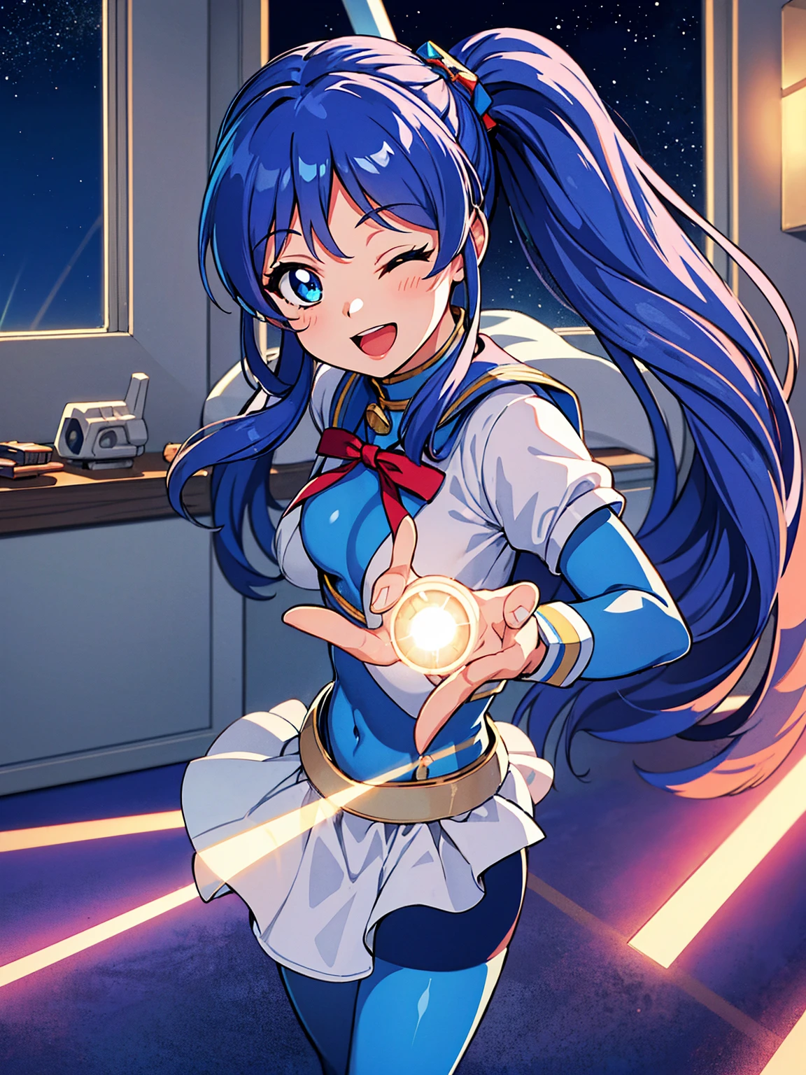 aikatsu,（Draufsicht),dynamischer Winkel,ultra-detailliert, Illustration, Nahaufnahme, geradeaus, 1 Mädchen, ((Blau souryuu asuka langley, Schnittstelle Headset, Blau bodysuit:1.4, Blau)),Her eyes shone like verträumt stars,(glühende Augen:1.233),(schöne und detaillierte Augen:1.1),(ausdruckslos),(Stehen), (Meisterwerk, beste Qualität, ultrahohe Auflösung, Perfekte Anatomie, Extrem detailliert), brechen, 1 Mädchen, 14 Jahre alt, rote Augen, Seite_Pferdeschwanz, Blau hair, sehr große Schleife im Haar, Idol Kostüm, brechen, (Fingerzeig), (Volles Gesicht), ein Auge geschlossen, (offener Mund), Leuchtende Augen, lächeln, Bühnenlicht, (Mechanikerraum mit Werkzeug und Raumschifffenster in einem weißen RAUMSCHIFF), (Nacht:1.2),verträumt, [[Zarte Finger und Hände:0.55]::0.85],(Detail Finger),