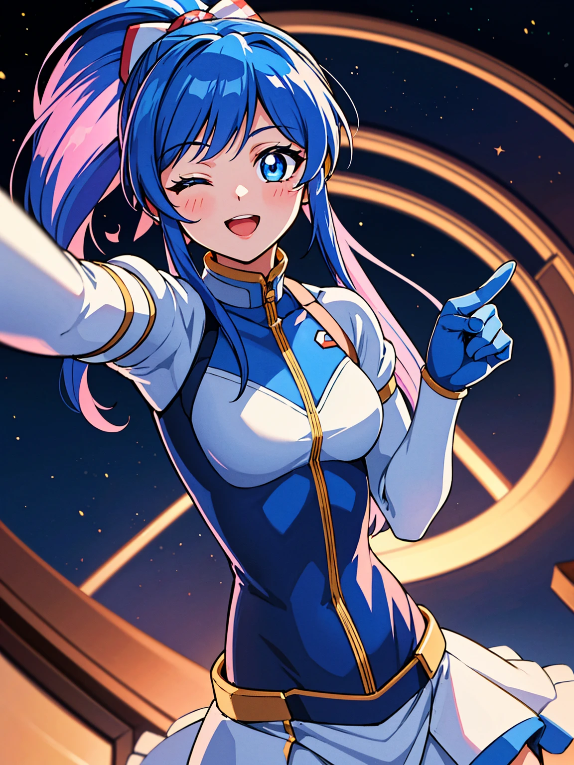 aikatsu,（Overhead view),dynamic angle,ultra-detailed, illustration, close-up, straight on, 1girl, ((blue souryuu asuka langley, interface headset, blue bodysuit:1.4, blue)),Her eyes shone like dreamy stars,(glowing eyes:1.233),(beautiful and detailed eyes:1.1),(expressionless),(standing), (masterpiece, best quality, ultra high res, perfect anatomy, extremely detailed), BREAK, 1girl, 14 years old, red eyes, side_Ponytail, blue hair, very large ribbon in hair, idol costume, BREAK, (finger pointing), (full face), one eye closed, (open mouth), glow eyes, smile, stage light, (mechanic room with toolsand spaceship windowin a white SPACESHIP), (night:1.2),dreamy, [[delicate fingers and hands:0.55]::0.85],(detail fingers),