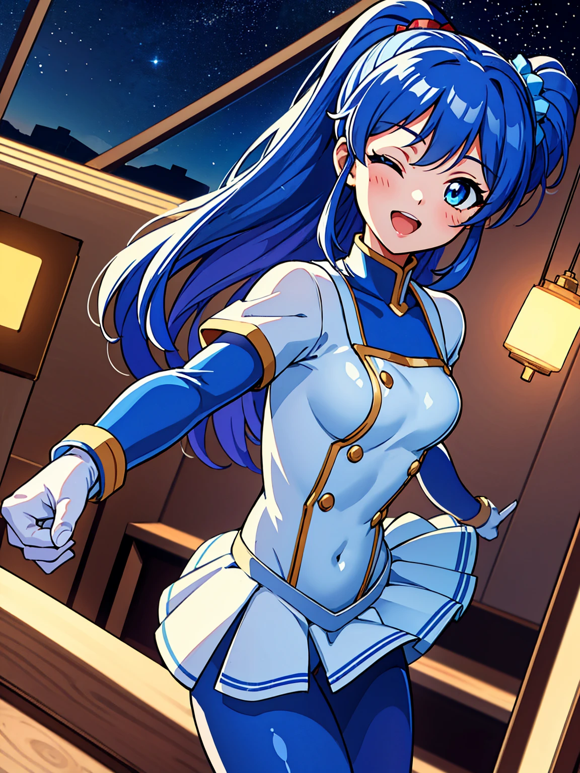 Aikatsu,（Vue aérienne),Angle dynamique,ultra-détaillé, illustration, Fermer, tout droit, 1fille, ((bleu souryuu asuka langley, casque d&#39;interface, bleu bodysuit:1.4, bleu)),Her eyes shone like rêveur stars,(yeux brillants:1.233),(yeux beaux et détaillés:1.1),(Sans expression),(debout), (chef-d&#39;œuvre, Meilleure qualité, ultra haute résolution, Anatomie parfaite, extrêmement détaillé), casser, 1fille, , les yeux rouges, côté_queue de cheval, bleu hair, très gros ruban dans les cheveux, costume d&#39;idole, casser, (Pointer du doigt), (visage complet), un oeil fermé, (bouche ouverte), Yeux brillants, sourire, éclairage de scène, (salle de mécanique avec outils et fenêtre de vaisseau spatial dans un VAISSEAU SPATIAL blanc), (nuit:1.2),rêveur, [[Doigts et mains délicats:0.55]::0.85],(Doigts de détail),