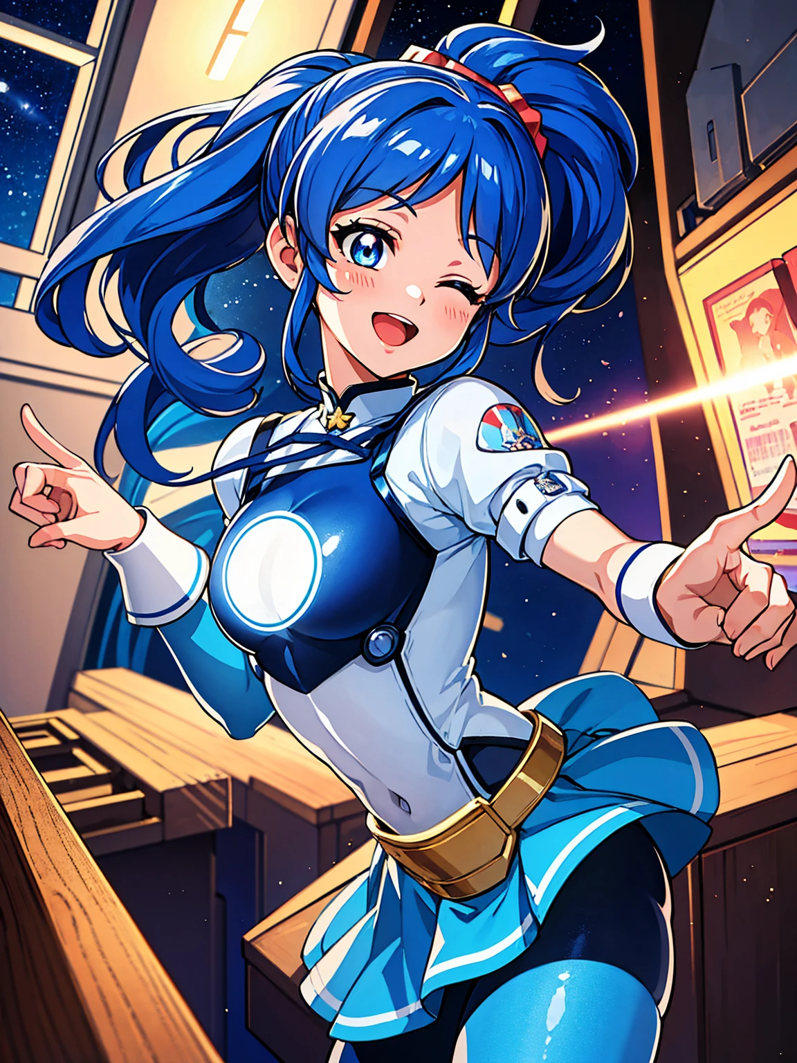 aikatsu,（Overhead view),dynamic angle,ultra-detailed, illustration, close-up, straight on, 1girl, ((blue souryuu asuka langley, interface headset, blue bodysuit:1.4, blue)),Her eyes shone like dreamy stars,(glowing eyes:1.233),(beautiful and detailed eyes:1.1),(expressionless),(standing), (masterpiece, best quality, ultra high res, perfect anatomy, extremely detailed), BREAK, 1girl, 14 years old, red eyes, side_Ponytail, blue hair, very large ribbon in hair, idol costume, BREAK, (finger pointing), (full face), one eye closed, (open mouth), glow eyes, smile, stage light, (mechanic room with toolsand spaceship windowin a white SPACESHIP), (night:1.2),dreamy, [[delicate fingers and hands:0.55]::0.85],(detail fingers),