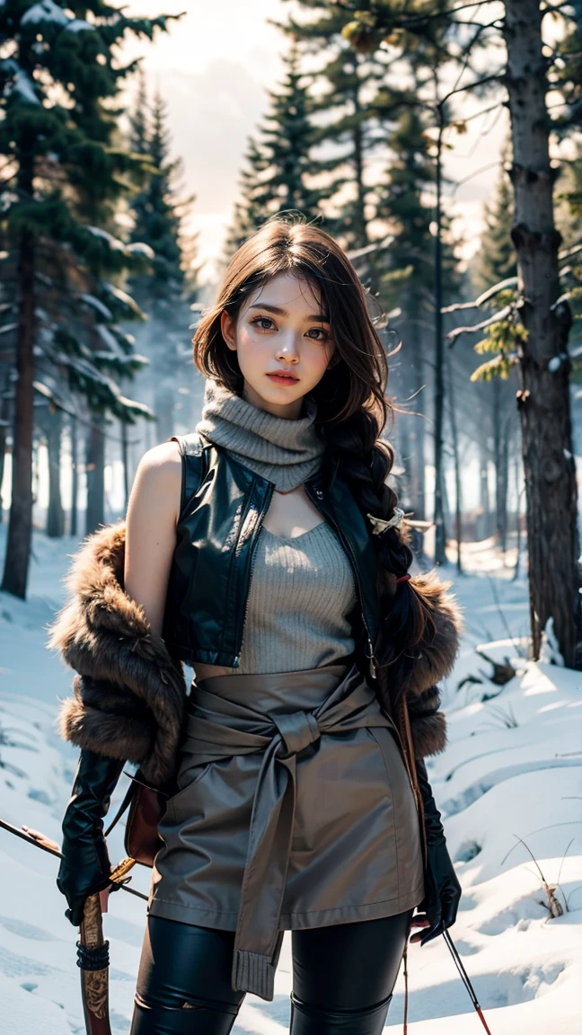 Beautiful wild Nordic hunter, with long messy copper hair, a braid that hangs on her shoulder, wearing heavy fabric mixed with animal leather, metal accessories, wielding a worn-out bow and arrows, weapons hanging from her waist and a leather vest, serious look, eyes dark greens, gray and beautiful face, interesting image, beautiful forest scenery, of a winter afternoon, flowers, beautiful colors of light between the trees, contrasting colors, intricate details, Nordic style, high quality and sharpness, UHD.