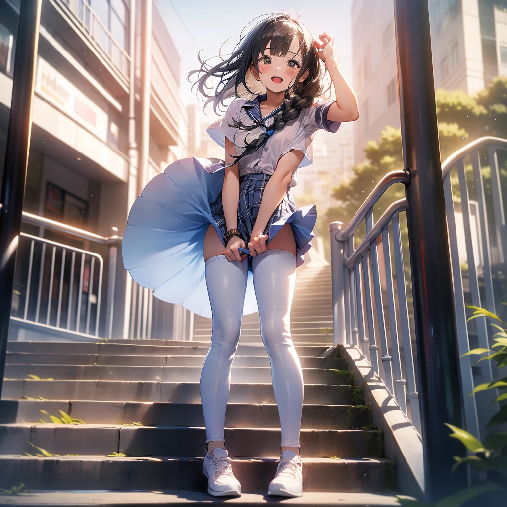 in 8K、top-quality、​masterpiece、Ultra-detail、Ultra-high resolution、((1 persons))、girl with、Uniforms、Braided hair、makeups、plaid skirts、heavy wind、((((Flip the skirt))))、White pants、View of the city