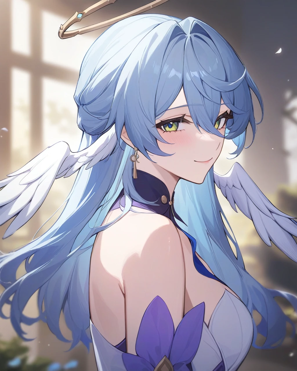 masterpiece,best quality,robin_(honkai:_star_rail), head_wings, angel, virtual_youtuber, 1girl, white_wings, looking_at_viewer, halo, wings, upper_body, solo, from_side, blurry_background, closed_mouth, dress, bare_shoulders, smile,얼굴이 빨개지는 , 한쪽 다리를 위로,다리 잡고