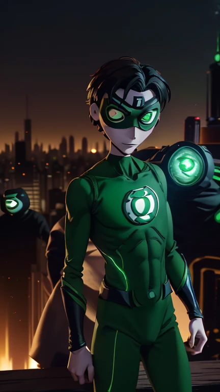 best quality,masterpiece,1boy,solo,(((13years old))),japanese boy,an extremely cute and handsome boy,highly detailed beautiful face and eyes,petit,cute face,lovely face,baby face,shy smile,show teeth, Brown hair,Short hair,flat chest,skinny,slender,(((wearing a Green Lantern costume, black DominoMask))),(((standing in Dark Midnight TimBurton animation style metropolis city))),he is looking at the viewer,