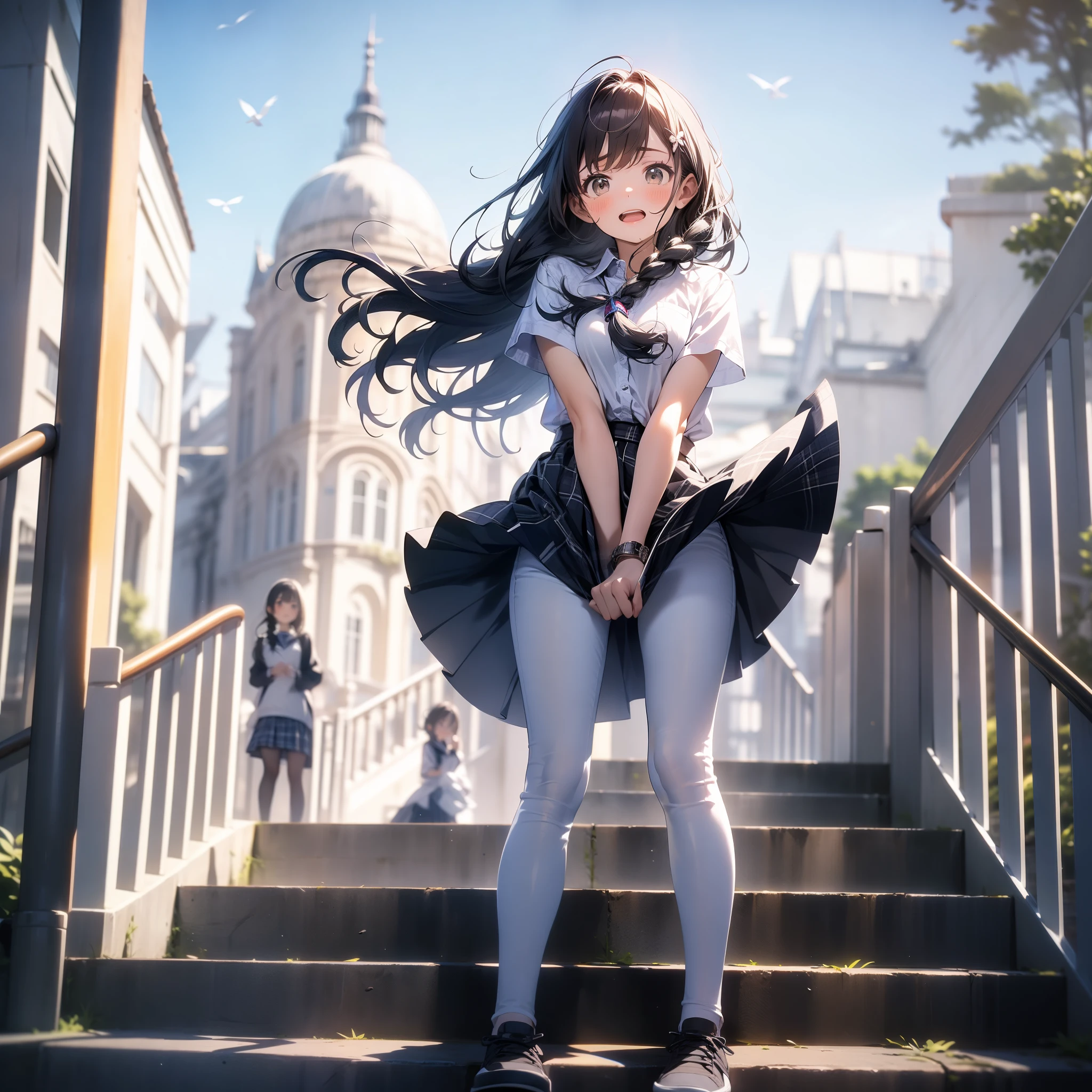 in 8K、top-quality、​masterpiece、Ultra-detail、Ultra-high resolution、((1 persons))、girl with、Uniforms、Braided hair、makeups、plaid skirts、heavy wind、((((Flip the skirt))))、White pants、View of the city