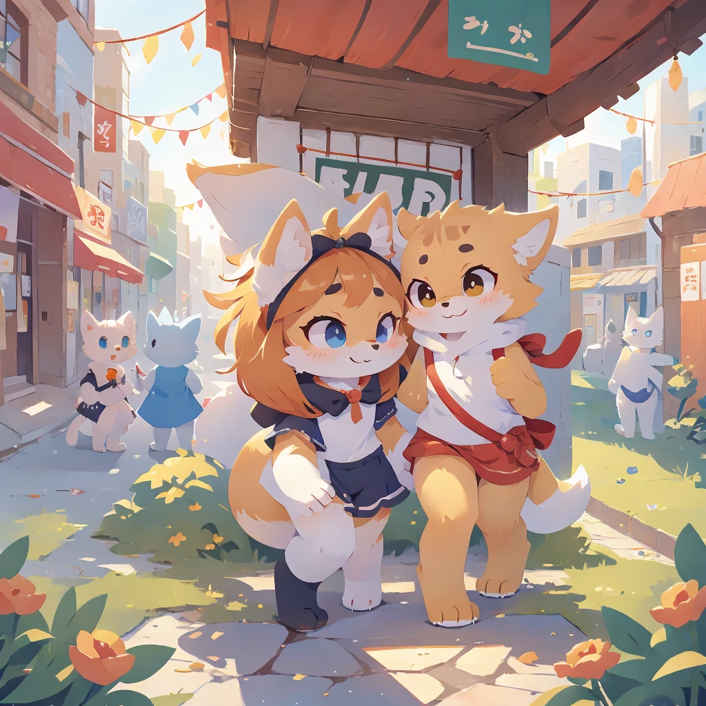 a group of cats and kittens, bunnies, dragons, dogs, foxes, and wolves are all grouped together, fursona art, furry art!!!, furry anime cartoon, very very beautiful furry art, furry fandom, lots of fur, fursona!!!!, toon, professional furry drawing, furry art, cute detailed artwork, furry convention, detailed fanart, fursona furry art commission, colorful seoul city, 