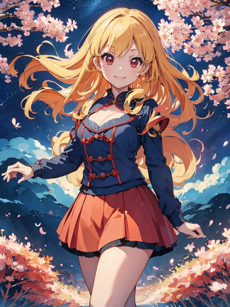 Best quality, best picture quality, masterpiece, girl and ((14 years old, black and red cheongsam, best bust, bust 80, blonde, red eyes, open chest, cleavage, happy, slender, smiling, arms High quality, beautiful art, background ((cherry blossoms at night, floating blue fireballs, fantastic world, blue flames, fire dragon, red aura)), table top, exquisite design, visual art,