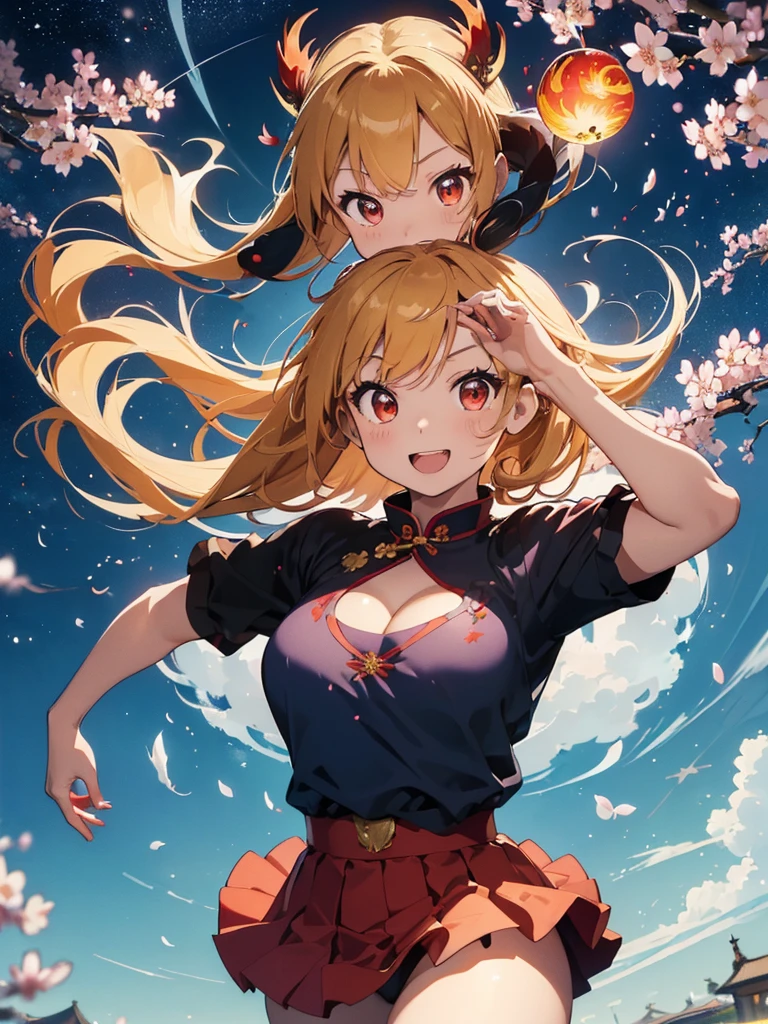Best quality, best picture quality, masterpiece, girl and ((14 years old, black and red cheongsam, best bust, bust 80, blonde, red eyes, open chest, cleavage, happy, slender, smiling, arms High quality, beautiful art, background ((cherry blossoms at night, floating blue fireballs, fantastic world, blue flames, fire dragon, red aura)), table top, exquisite design, visual art,