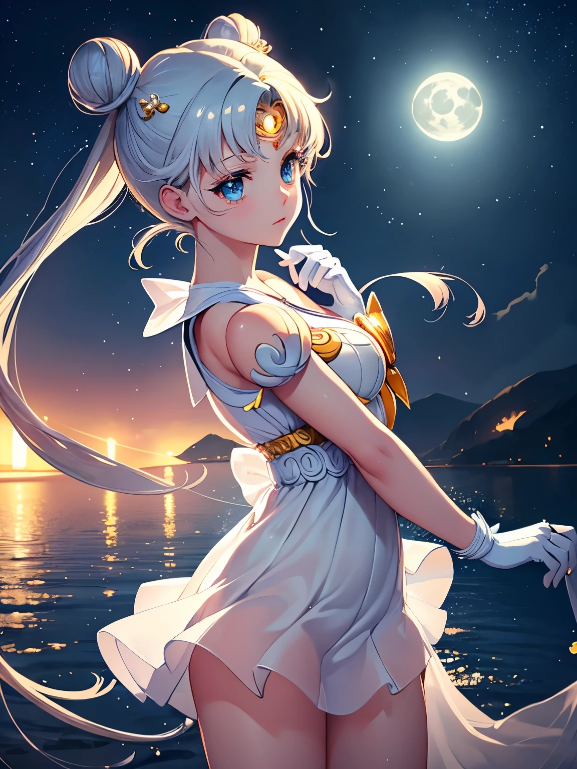 ((masterpiece)), (best quality), official art, very delicate and beautiful, highly detailed CG, Unity 8k wallpaper, super detailed, beautiful fine details, highly detailed face, one girl, Sailor Moon, full body, sailor suit, mini skirt, night sky, detailed face, shiny skin, night sky, moonlight, moon, white gloves, magical girl, fly ring