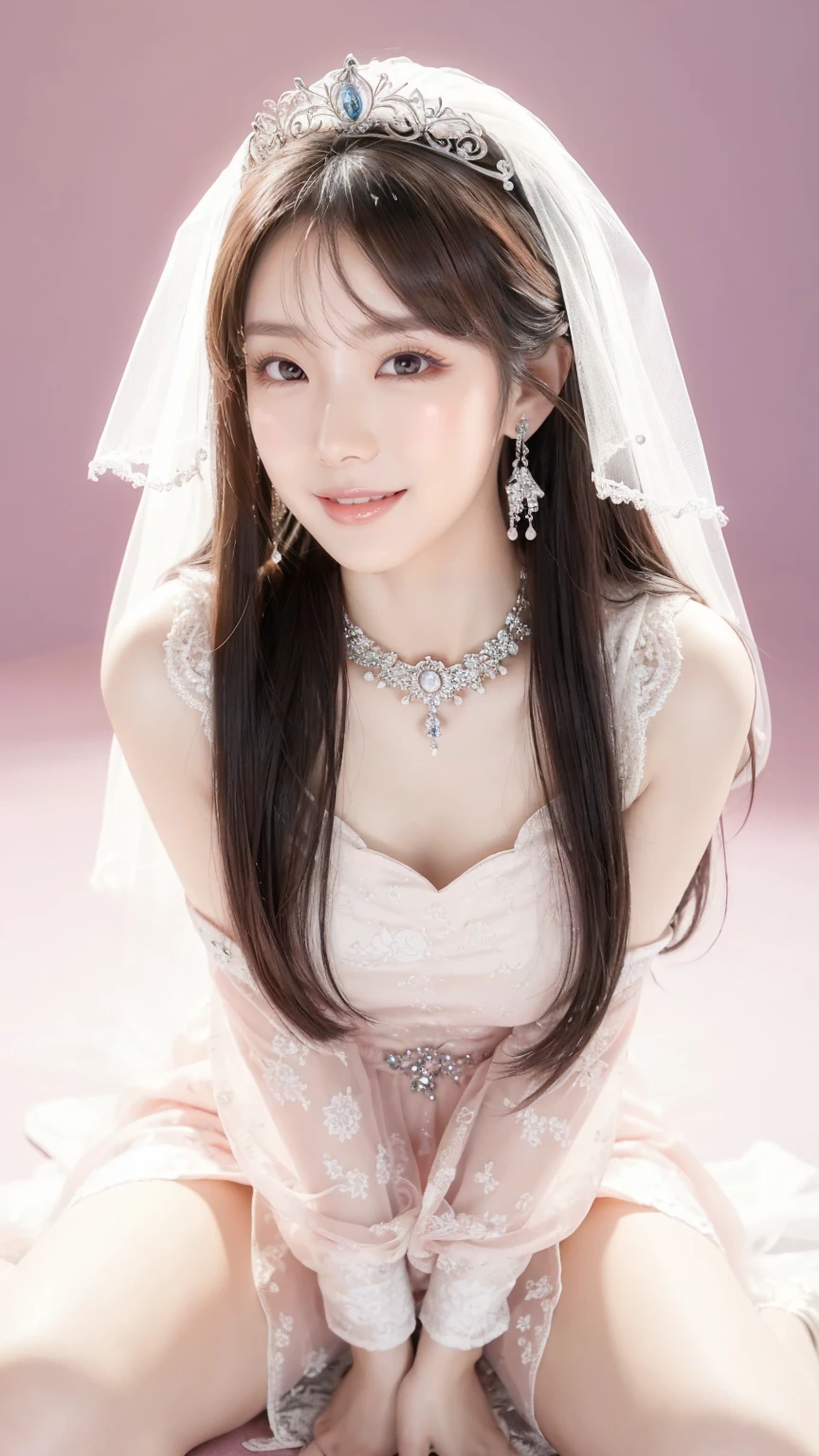 (Highest quality、Tabletop、8K、Best image quality、Award-winning works)、One beautiful bride、(alone:1.1)、(The most extravagant and gorgeous huge pure white wedding dress:1.1)、(Perfect Wedding Lace:1.2)、(The most gorgeous and luxurious giant tiara:1.1)、(The most extravagant and luxurious giant necklace:1.1)、あなたの最高の笑顔で私をplease look、The finest jewellery decoration、Perfect Makeup、Long eyelashes、Ultra HD Shining Eyes、Ultra HD Hair、Ultra-high resolution glossy lips、Ultra High Resolution Perfect Teeth、Super high resolution beautiful face、(Accurate anatomy:1.1)、Very bright and beautiful skin、very bright and vivid、Perfect beautiful bridal hairstyles、(Front facing body:1.1)、(Solid pink background:1.2)、Cleavage、nude、(The 肖像画 was taken from above the lying body: 1.3)、(( M-shaped legs spread, please look )))), (Show me your legs spread wide: 1.5), Real nipples, real open, (女性のマンコ汁がカメラにsquirtしている:1.2), Beautiful 20 year old Japanese girl, Stimulating the clitoris, masturbating and fingering, orgasm, Detailed facial features,(Front view), (squirt from pussy:1.2), (squirt:1.2)