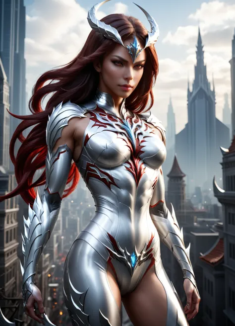 concept art (Digital Artwork:1.3) of (Simple illustration:1.3) a demon woman in a silver and white costume standing in a city, f...