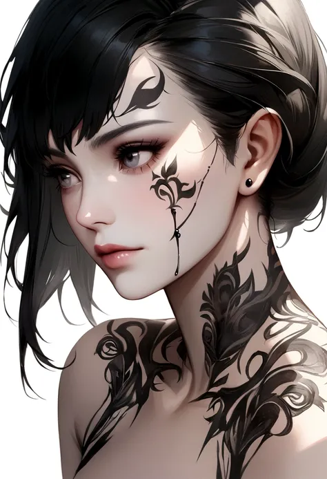 Beautiful white woman black hair Tattoo design black gray realism half naked  por - SeaArt AI