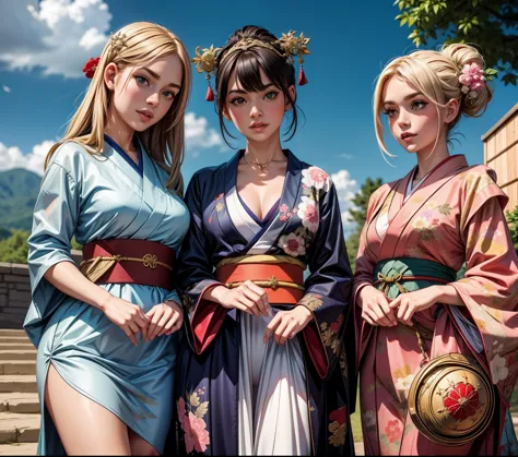 masterpiece, best quality, woman-medieval-clothes, kimono, 3 girls,