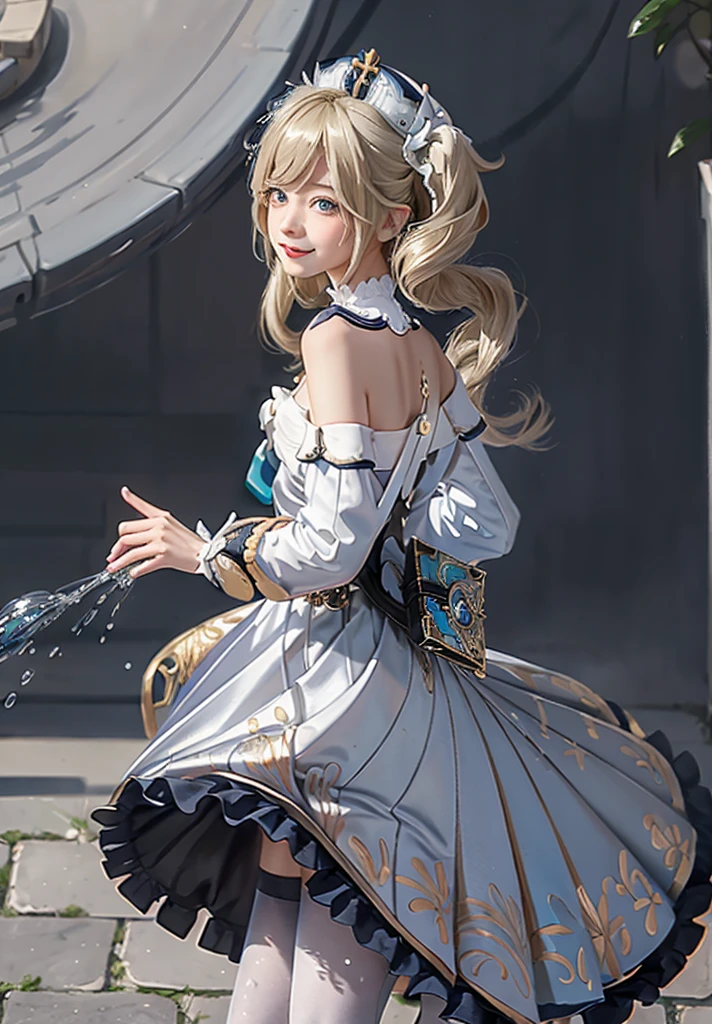 masutepiece, Best Quality,  1girl in,Smile,, hat,Latin Cross,Blonde hair, Long hair,Twin-tailed,twin drills, Blue eyes,Bow,White Dress,frills skirt,Detached sleeves, Dress Cloth,White pantyhose,Boken,Belt bag,Fountain in the background、sparkling water splash、