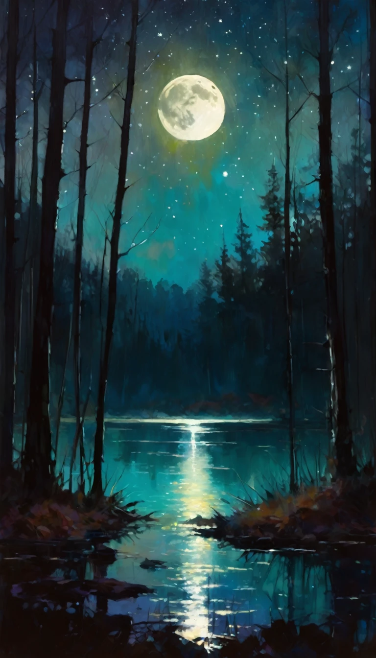 a lake, magic, forest, fantastic, night sky, moon, stars, background, (simple oil painting in a style to Bill Sienkiewicz)
